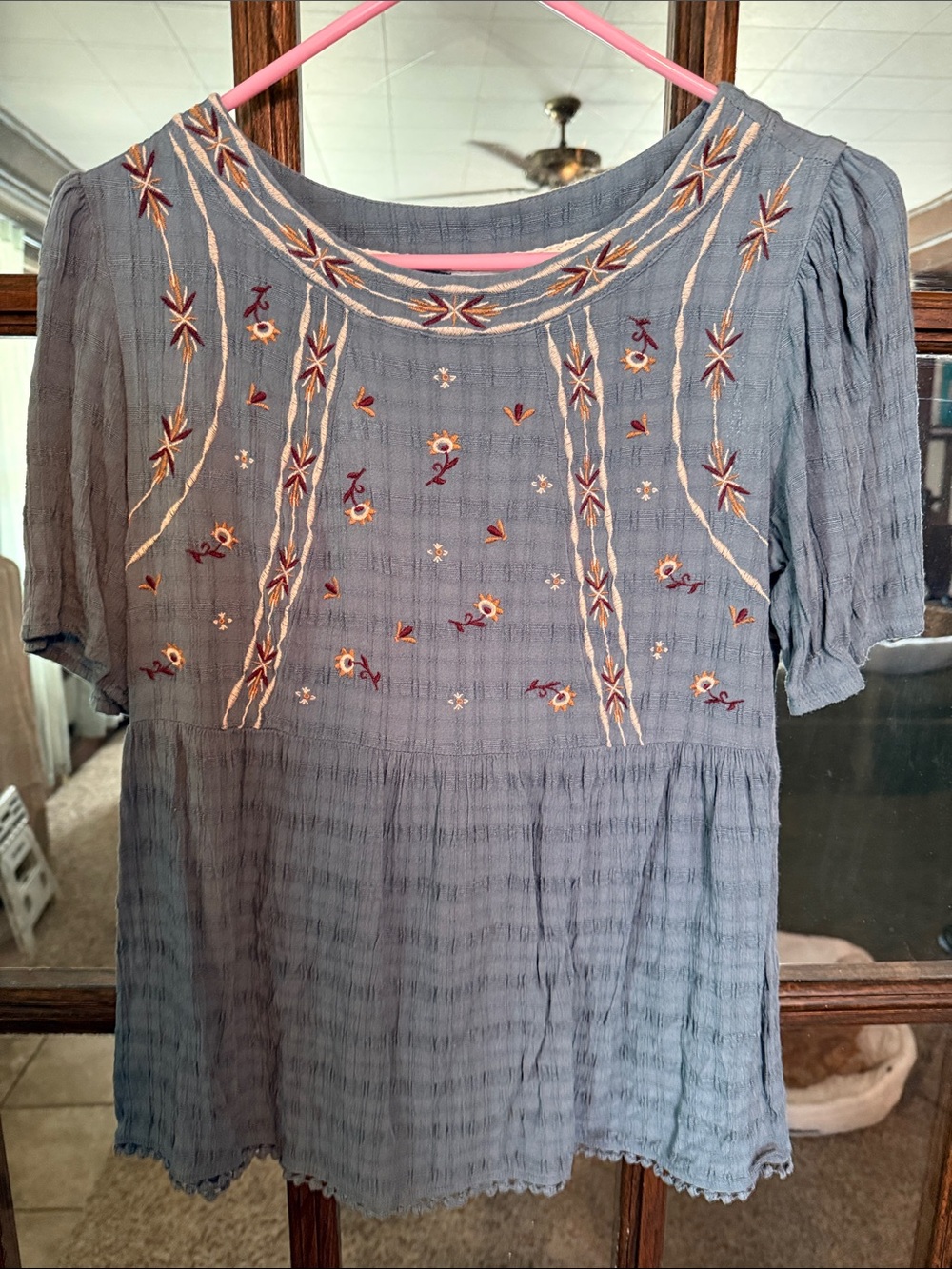 Knox Rose Blue Floral Embroidered Boho Babydoll Top Short Sleeve Small